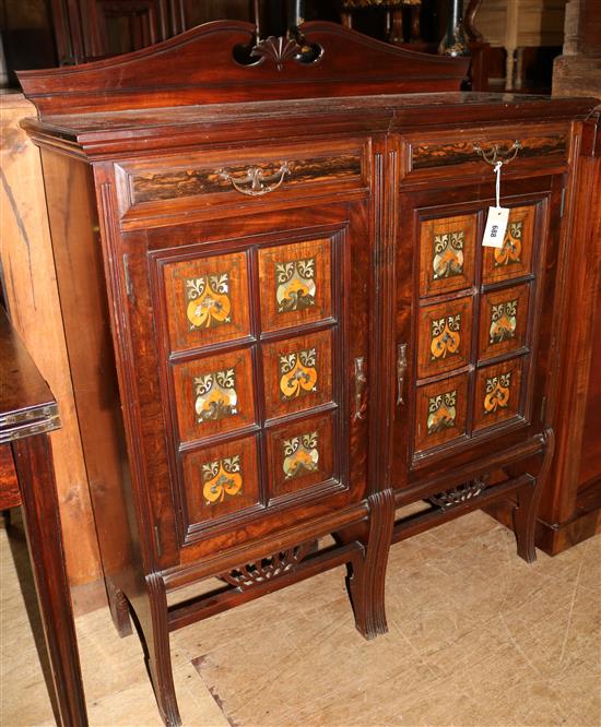 A late Victorian rosewood marquetry and coromandel wood cabinet, by Lamb of Manchester, W.3ft 1in. D.1ft 3in. H.3ft 8in., reconstructed